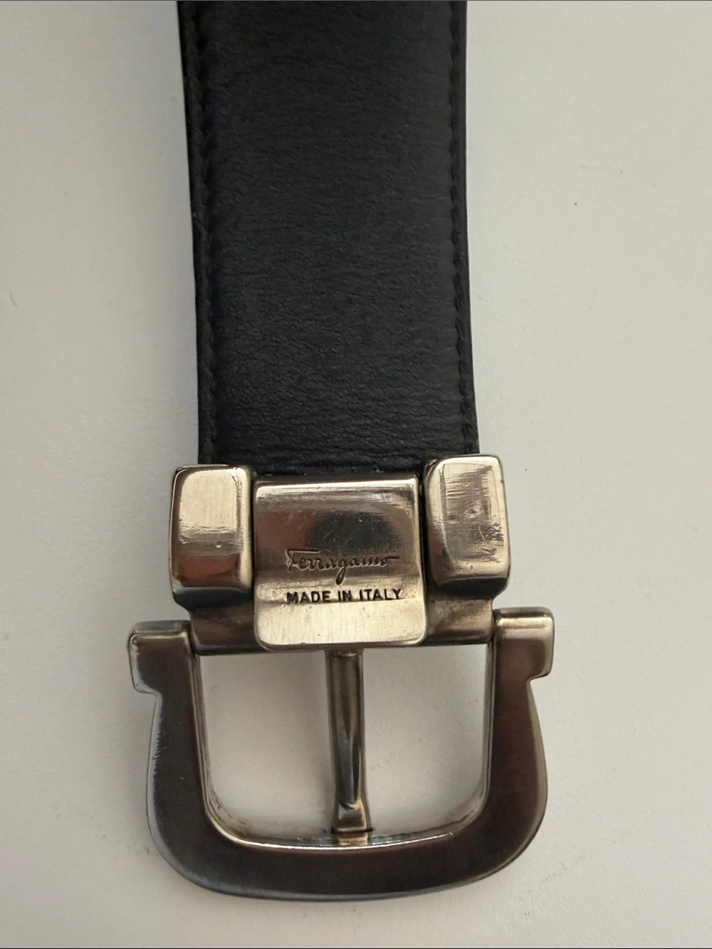 Salvatore Ferragamo Black Leather Belt with Silver-Tone Signature Buckle